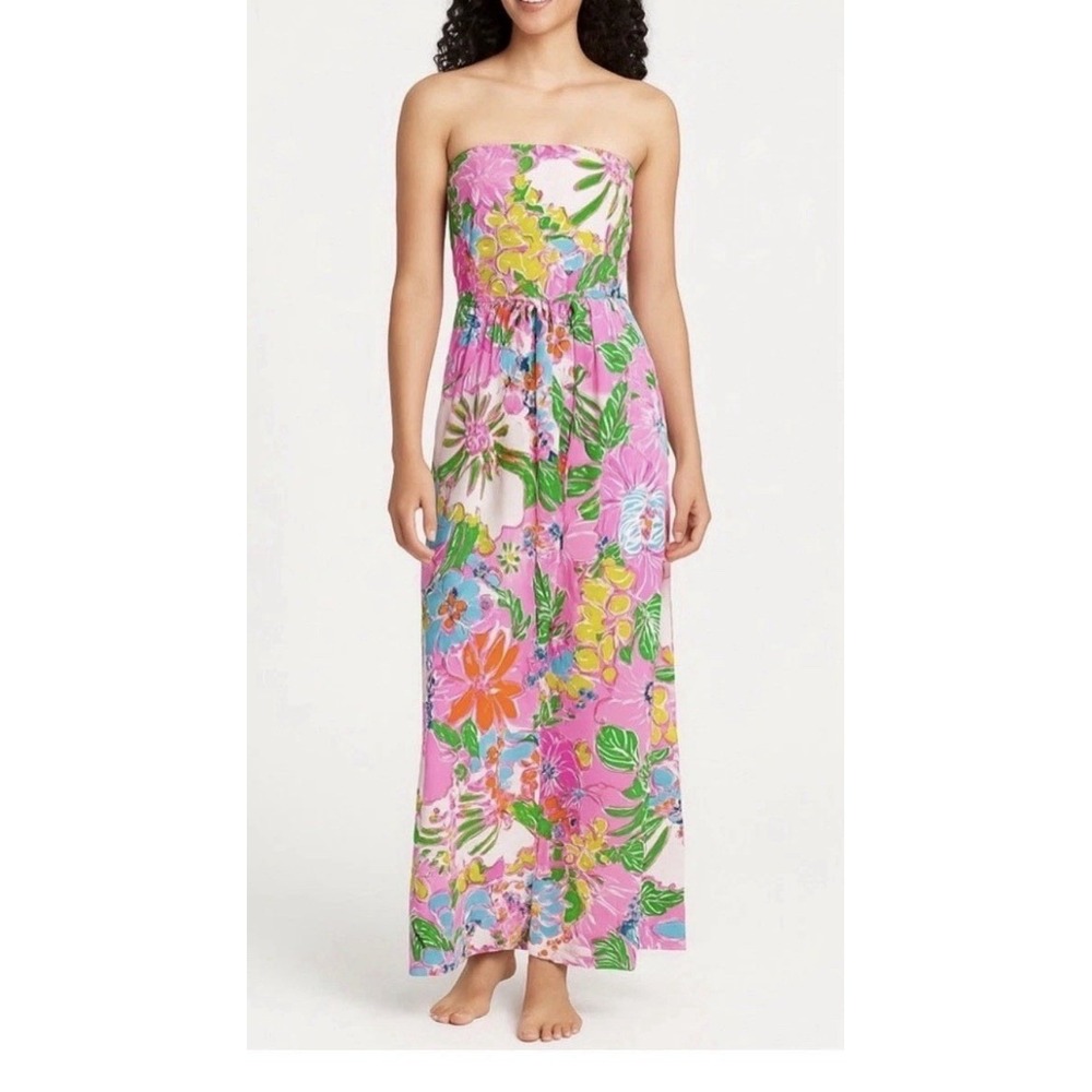 Lilly Pulitzer for Target Strapless Maxi Dress Floral Bright Pink Beachy Size L